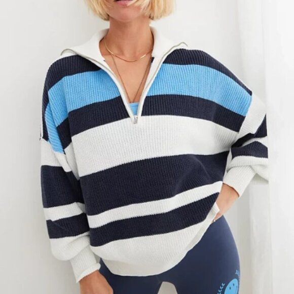 aerie Sweaters - Aerie 1/4 Zip Beyond Sweater, Oversized Fit Blue Stripe Cotton Ribbed Sweater XS